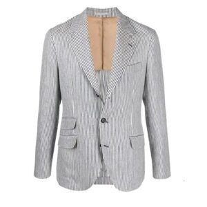 BRUNELLO CUCINELLI Men's Blue And White Linen-virgin Wool Blend Blazer - Size 38
